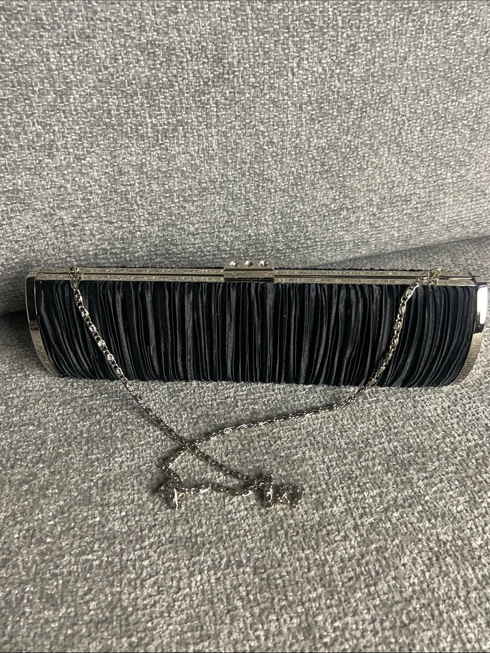 Black Pleated Satin Evening Clutch with Chain Strap